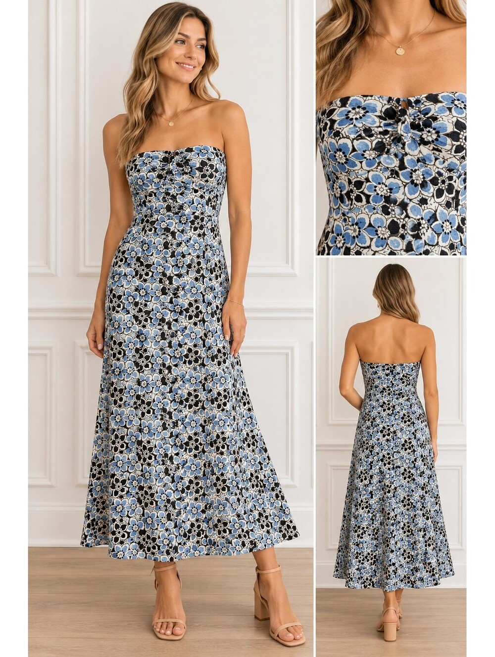 J Crew Strapless Floral Dress Womens Size 4 Blue Black Fit Flare Midi